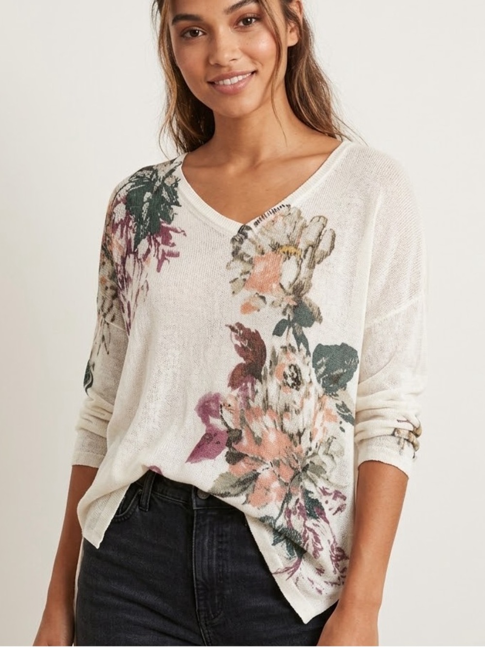 J. Jill Linen Blend Floral Sweater Top Women’s L Cream V-Neck Boho Relaxed